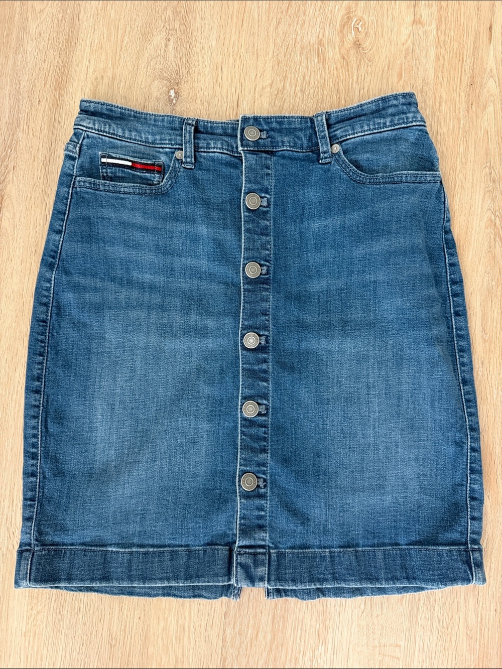 Tommy Hilfiger Button-Front Denim Pencil Skirt in Blue with Signature Stripe